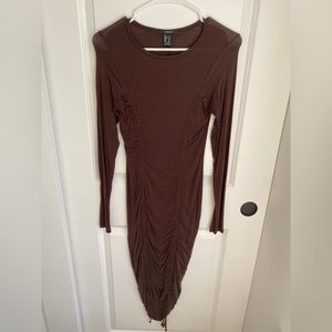 Foverev21 Ruched drawstring long sleeved brown midi dress